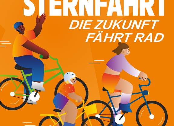Illustration einer Gruppe Radfahrender zur ADFC-Sternfahrt