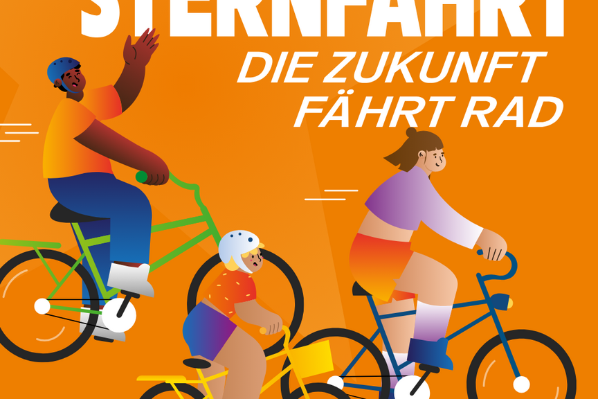 ADFC Sternfahrt Illustration einer Gruppe Radfahrender zur ADFC-Sternfahrt